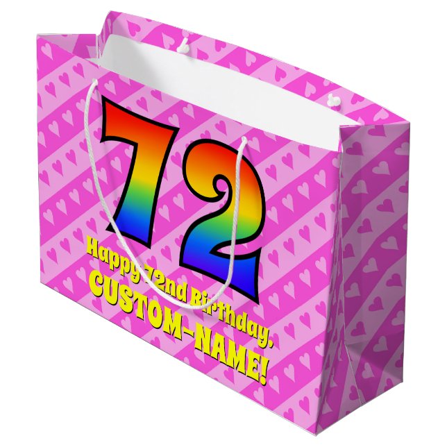 Grand Sac Cadeau 72e anniversaire : Pink Stripes & Hearts, Arc en c (Dos Angle)