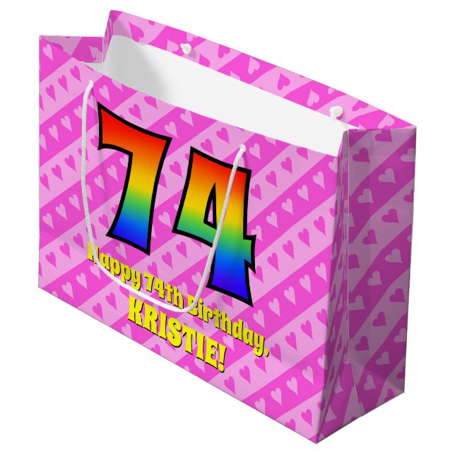 Grand Sac Cadeau 74e anniversaire : Pink Stripes & Hearts, Arc en c (Devant Angle)