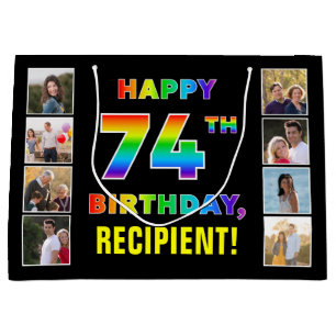 Grand Sac Cadeau 74e anniversaire : Rainbow Text, Custom Photos & N