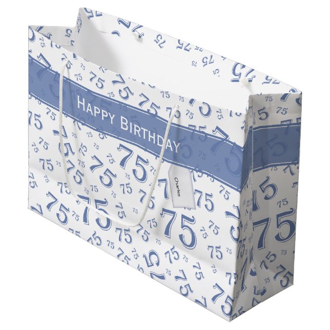 Grand Sac Cadeau 75e Joyeux Motif de numéros Bleu/Blanc (Devant Angle)