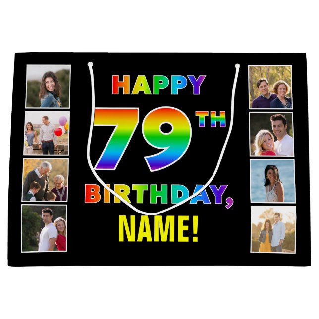 Grand Sac Cadeau 79e anniversaire : Rainbow Text, Custom Photos & N (Devant)
