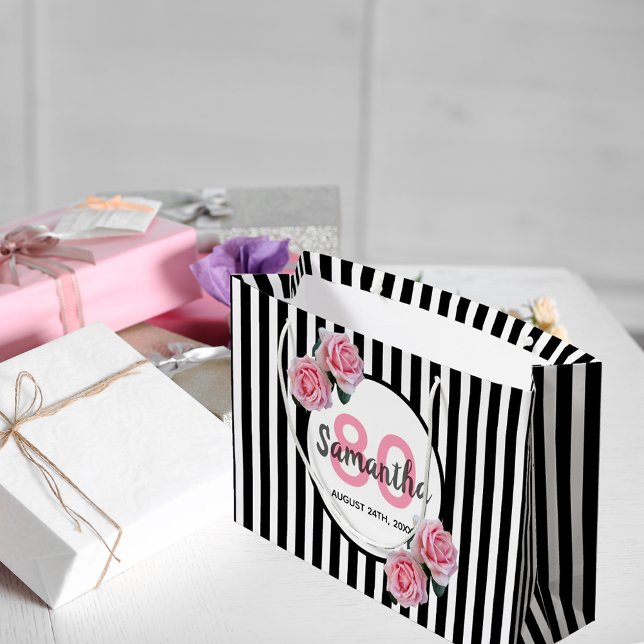 Grand Sac Cadeau 80e anniversaire noir rayures rose roses nom (Créateur téléchargé)