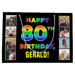 Grand Sac Cadeau 80e anniversaire : Rainbow Text, Custom Photos & N