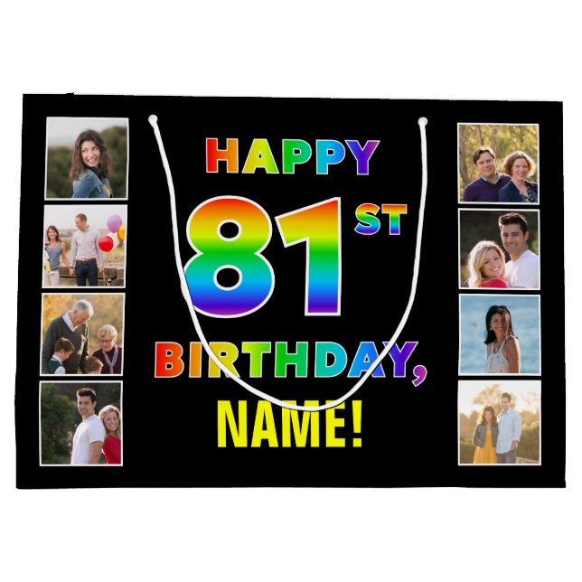 Grand Sac Cadeau 81e anniversaire : Rainbow Text, Custom Photos & N (Dos)