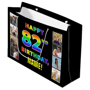 Grand Sac Cadeau 82e anniversaire : Rainbow Text, Custom Photos & N