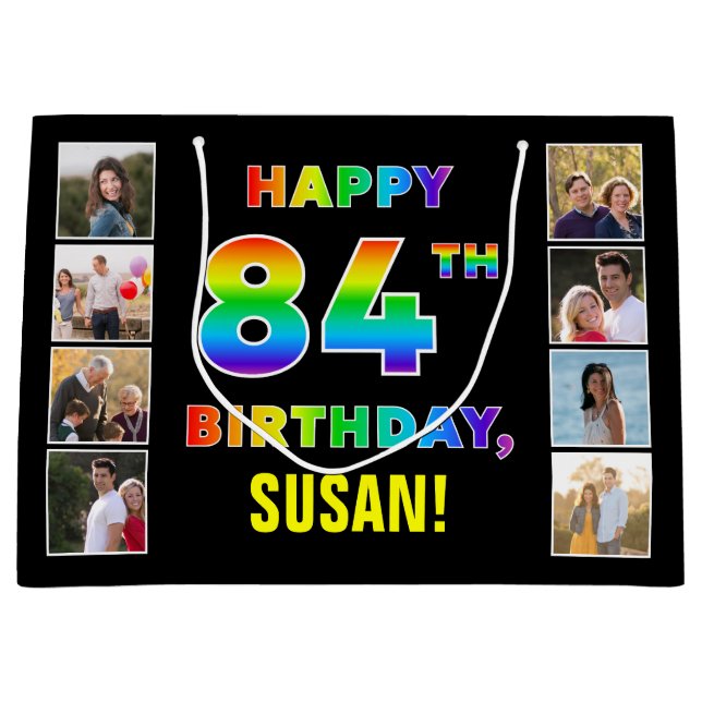 Grand Sac Cadeau 84e anniversaire : Rainbow Text, Custom Photos & N (Devant)