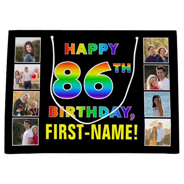 Grand Sac Cadeau 86e anniversaire : Rainbow Text, Custom Photos & N (Devant)