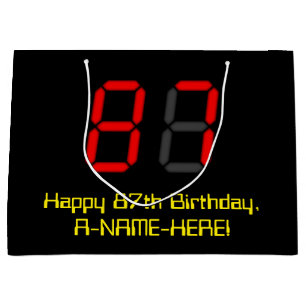Grand Sac Cadeau 87e anniversaire : Style horloge numérique rouge "