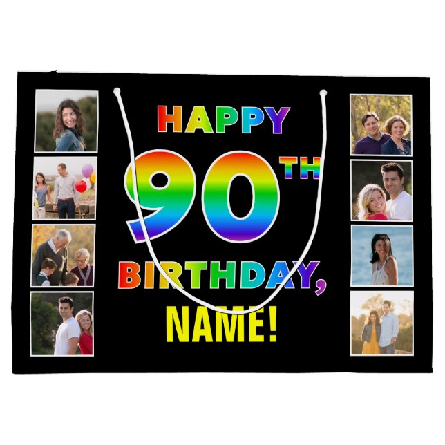 Grand Sac Cadeau 90e anniversaire : Rainbow Text, Custom Photos & N (Dos)