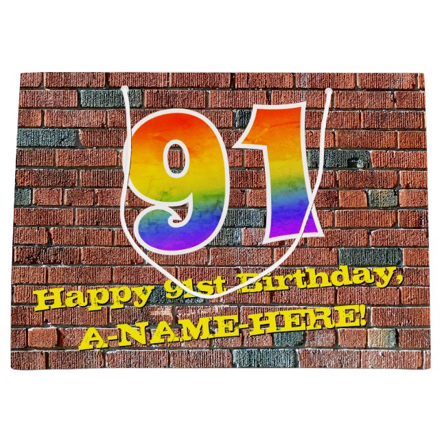 Grand Sac Cadeau 91e anniversaire : Amusant, Arc-en-ciel inspiré pa (Devant)