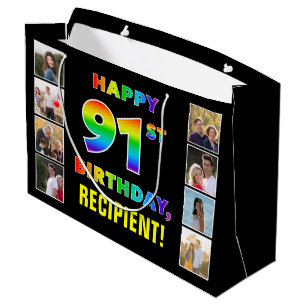 Grand Sac Cadeau 91e anniversaire : Rainbow Text, Custom Photos & N