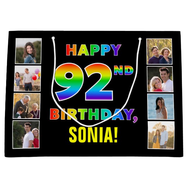 Grand Sac Cadeau 92e anniversaire : Rainbow Text, Custom Photos & N (Devant)
