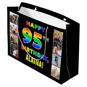 Grand Sac Cadeau 95e anniversaire : Rainbow Text, Custom Photos & N