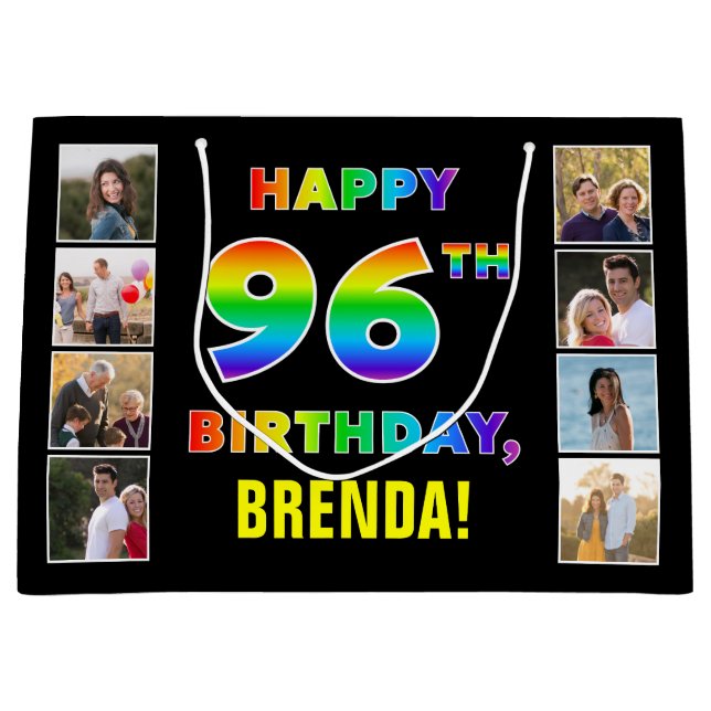 Grand Sac Cadeau 96e anniversaire : Rainbow Text, Custom Photos & N (Devant)