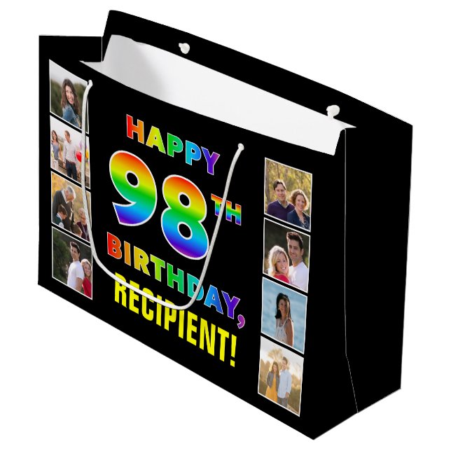 Grand Sac Cadeau 98e anniversaire : Rainbow Text, Custom Photos & N (Devant Angle)