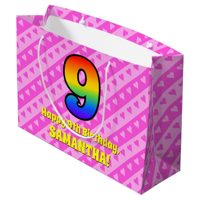 Grand Sac Cadeau 9e anniversaire : Pink Stripes & Hearts, Rainbow # (Dos Angle)