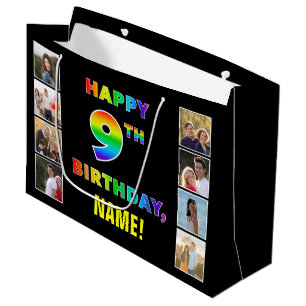 Grand Sac Cadeau 9e anniversaire : Rainbow Text, Custom Photos & Na