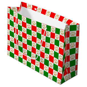Grand Sac Cadeau à damiers Empreintes de pattes Noël rouge et vert