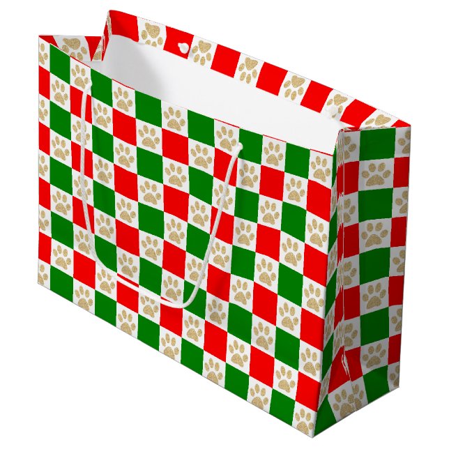 Grand Sac Cadeau à damiers Empreintes de pattes Noël rouge et vert (Devant Angle)