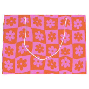 Grand Sac Cadeau à damiers Fleurs roses et oranges rétro déformées