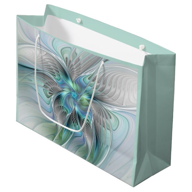Grand Sac Cadeau Abstrait Bleu Vert Papillon Imaginaire Fractal Art (Devant Angle)