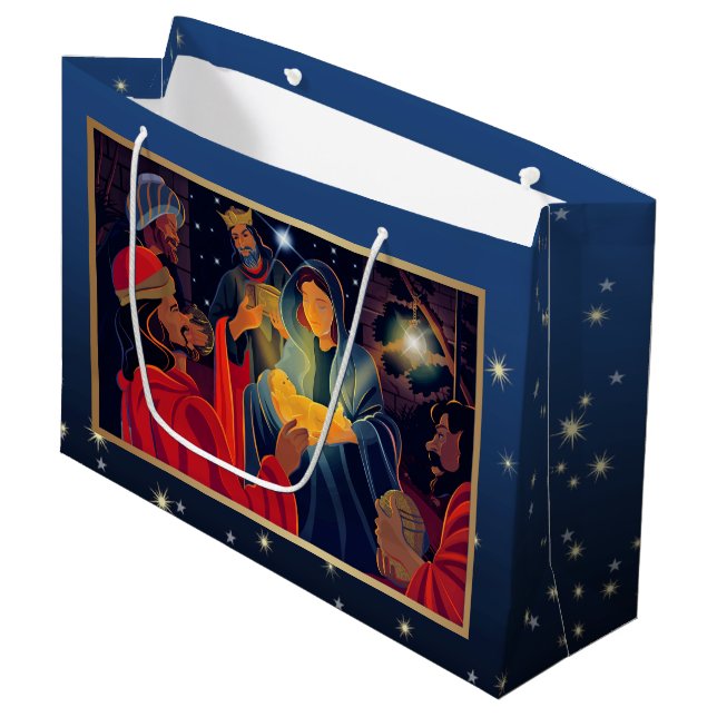 Grand Sac Cadeau Adoration des Mages. Noël personnalisé (Devant Angle)