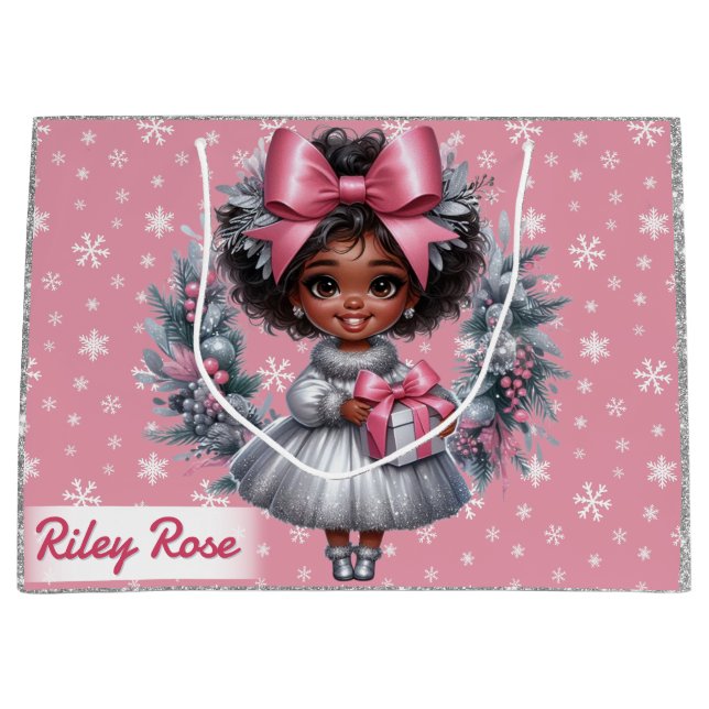 Grand Sac Cadeau African American Girl Rose & Silver Holiday Large (Devant)
