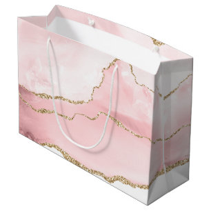 Grand Sac Cadeau Agate rose vierge avec ruban or Élégant