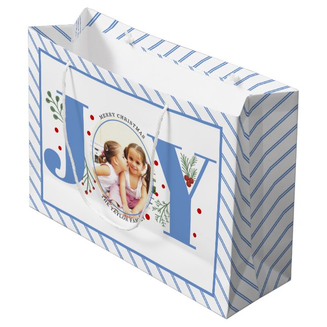 Grand Sac Cadeau Ajouter vos photos bleu JOY et rayures (Devant Angle)