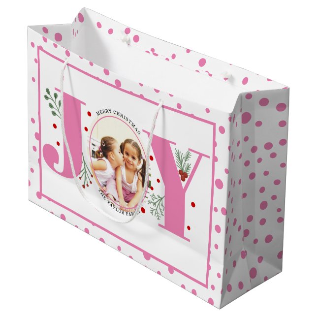 Grand Sac Cadeau Ajouter vos photos rose JOY et pois (Devant Angle)