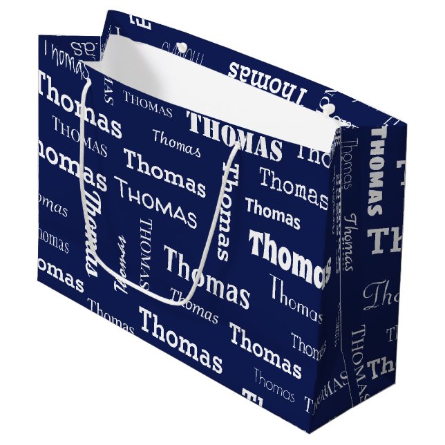 Grand Sac Cadeau Ajouter votre propre nom Marine bleu et blanc Pers (Devant Angle)