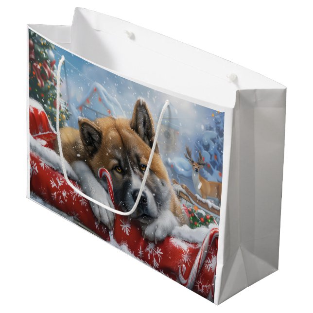 Grand Sac Cadeau Akita Chien Festive de Noël (Devant Angle)