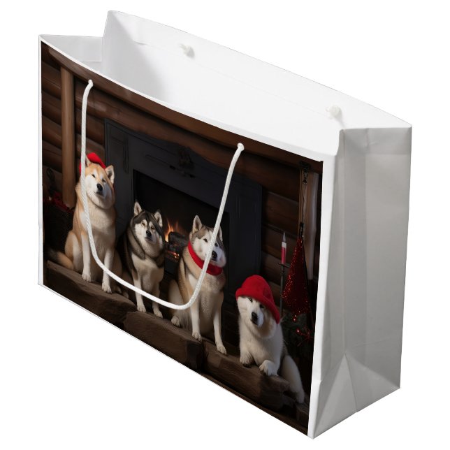 Grand Sac Cadeau Akita par le Noël de la cheminée (Devant Angle)