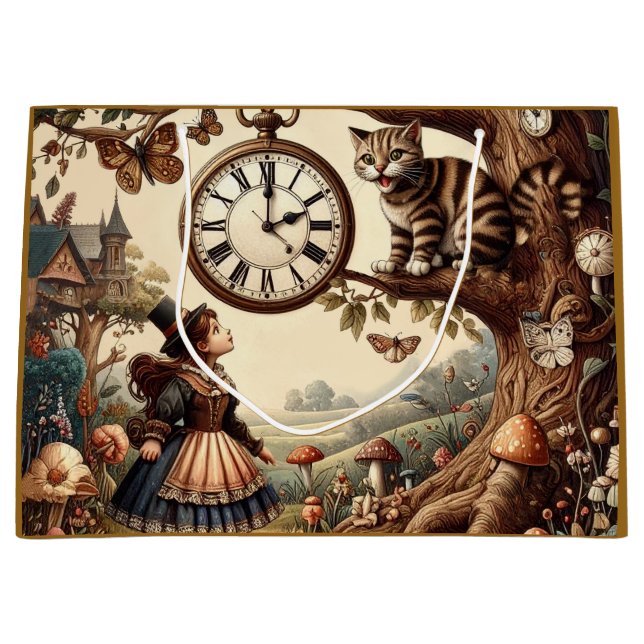 Grand Sac Cadeau Alice & Cheshire Cat: Whimsical Wonderland Fantasy (Devant)