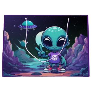 Grand Sac Cadeau Alien de paix mignon et vaisseau spatial