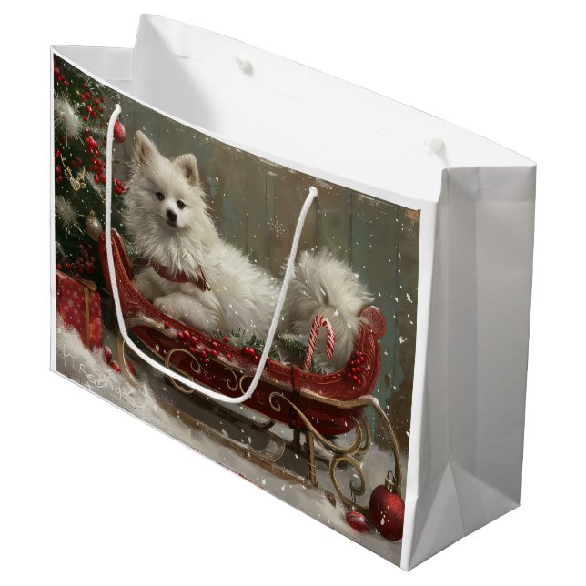 Grand Sac Cadeau American Eskimo Chien Festif de Noël (Devant Angle)