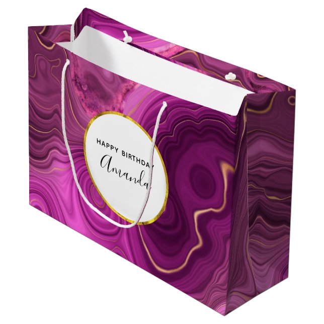 Grand Sac Cadeau Améthyste Violet Et Or Agate Abstrait Anniversaire (Devant Angle)