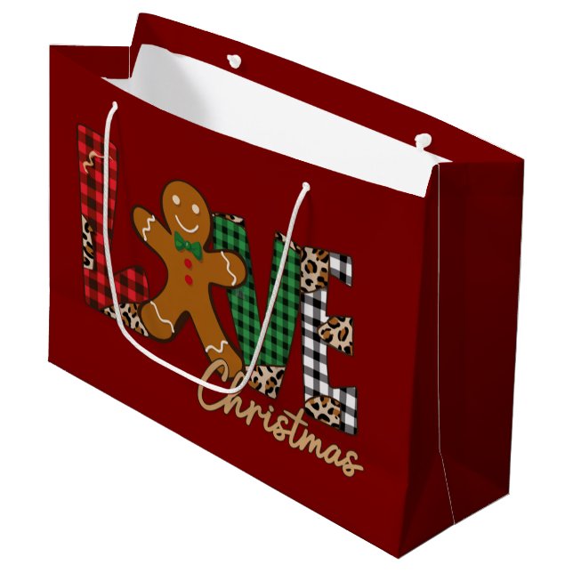 Grand Sac Cadeau Amour Noël Pain d'épices Famille Noël Fêtes (Devant Angle)