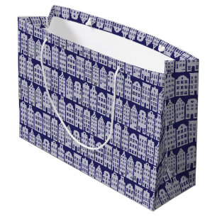Grand Sac Cadeau Amsterdam Canal Row Maisons Cobalt Blue Motif