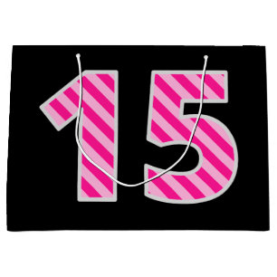 Grand Sac Cadeau Amusant "15" rayé rose ; Joyeux 15ème anniversaire