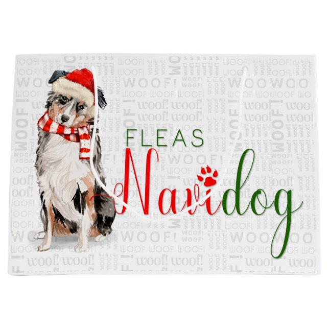 Grand Sac Cadeau Amusant Noël Fleas Navidog Australian Shepherd (Devant)