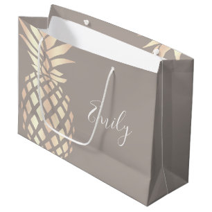 Grand Sac Cadeau Ananas rose et gris d'or d'en cuivre assez élégant