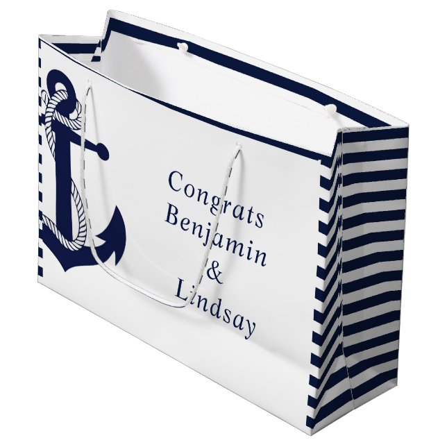 Grand Sac Cadeau Ancre nautique de la Marine Mariage rayé (Devant Angle)