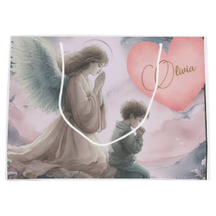 Grand Sac Cadeau Ange gardien et enfant priant ensemble