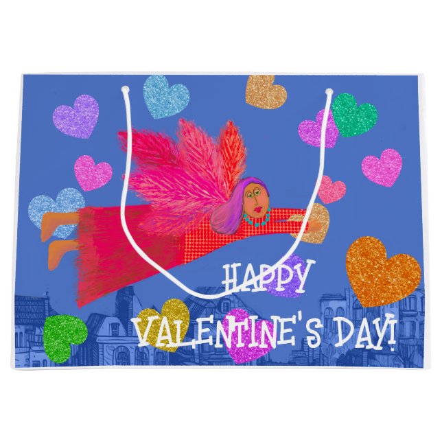 Grand Sac Cadeau Angel et Coeurs Heureuses Saintes-Valentin (Devant)