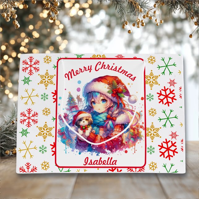 Grand Sac Cadeau Anime Girl in Santa Hat Aquarelle Noël (Créateur téléchargé)