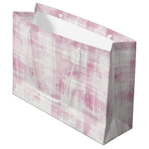 Grand Sac Cadeau Anniversaire à rayures blanches et carreaux roses