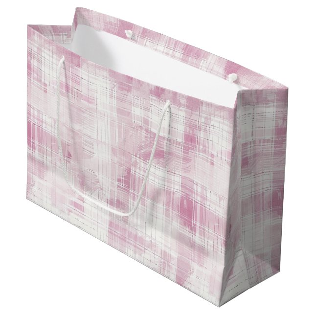 Grand Sac Cadeau Anniversaire à rayures blanches et carreaux roses (Devant Angle)