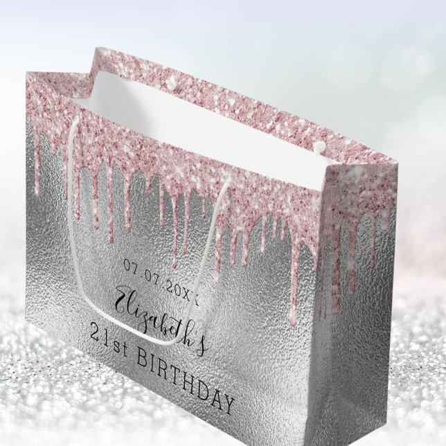 Grand Sac Cadeau Anniversaire argent rose parties scintillant nom g (Créateur téléchargé)