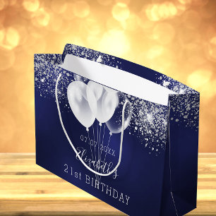 Grand Sac Cadeau Anniversaire bleu marine parties scintillant blanc